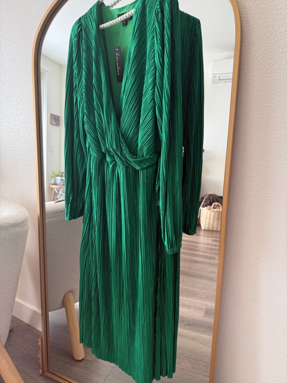 Emerald Green Pleated Wrap Midi Dress